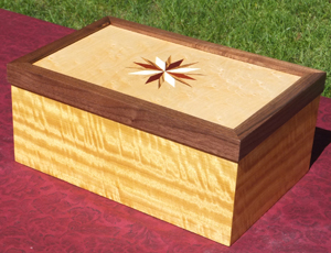 Custom inlaid box with Satinwood body, Walnut trim around lid, Birds Eye Maple Top Star Inlay consists of Bloodwood, Zebrawood and Holly