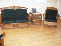 Rattan Settee, Rocker & Table Set  [11-012]New cushions, very comfortable. Perfect for sun porch or patio.$275.00