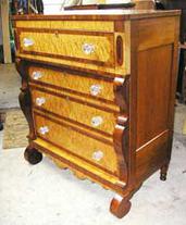 Empire period Tall Chest with Bird’s Eye and Curly Maple, Crotch Mahogany, and original Sandwich Glass Knobs