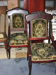 Repaired & Reupholstered Pair of Grain Painted, Swooping Arm Side Chairs